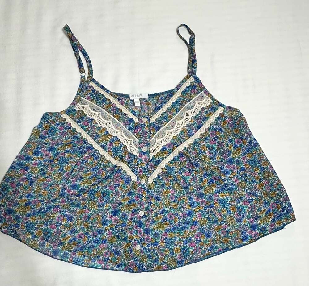 Delias Floral Camisole Size L Blue Lace Trim Top